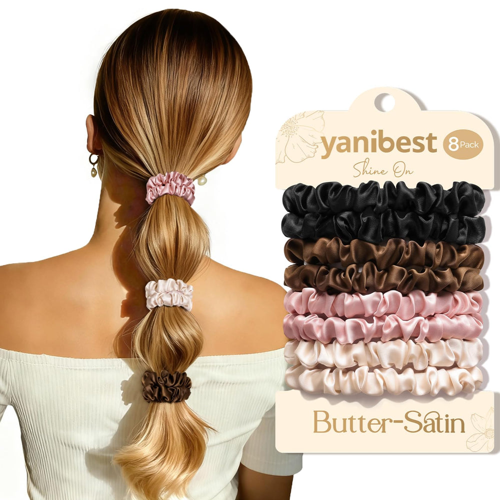 YANIBEST front packaging showing eight satin hair ties and gift box, neat presentation benefit