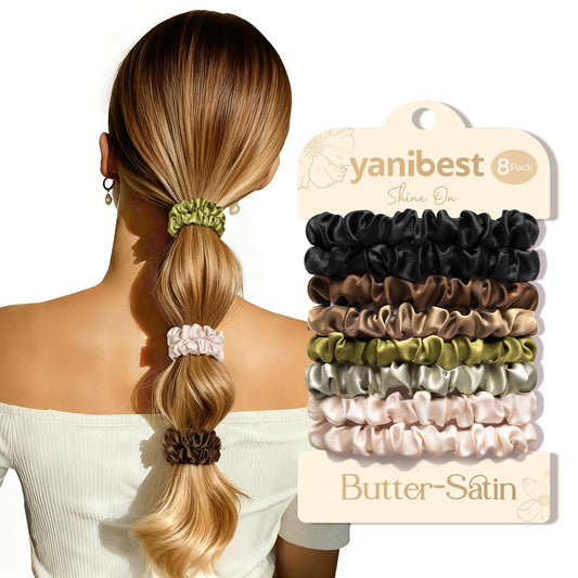 YANIBEST front packaging showing eight satin hair ties and box for gifting