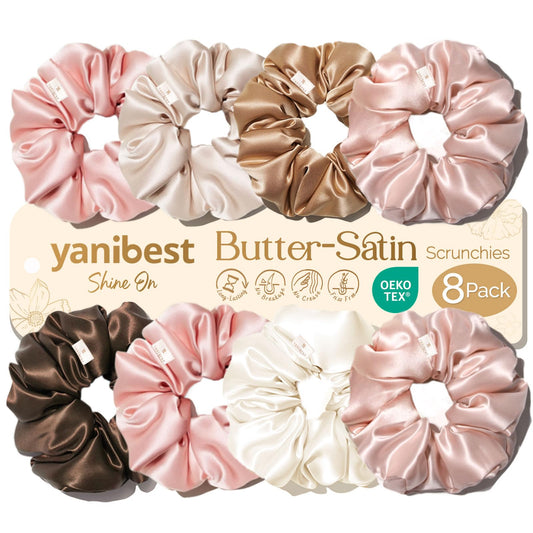 YANIBEST front packaging showing eight satin scrunchies, durable variety benefit