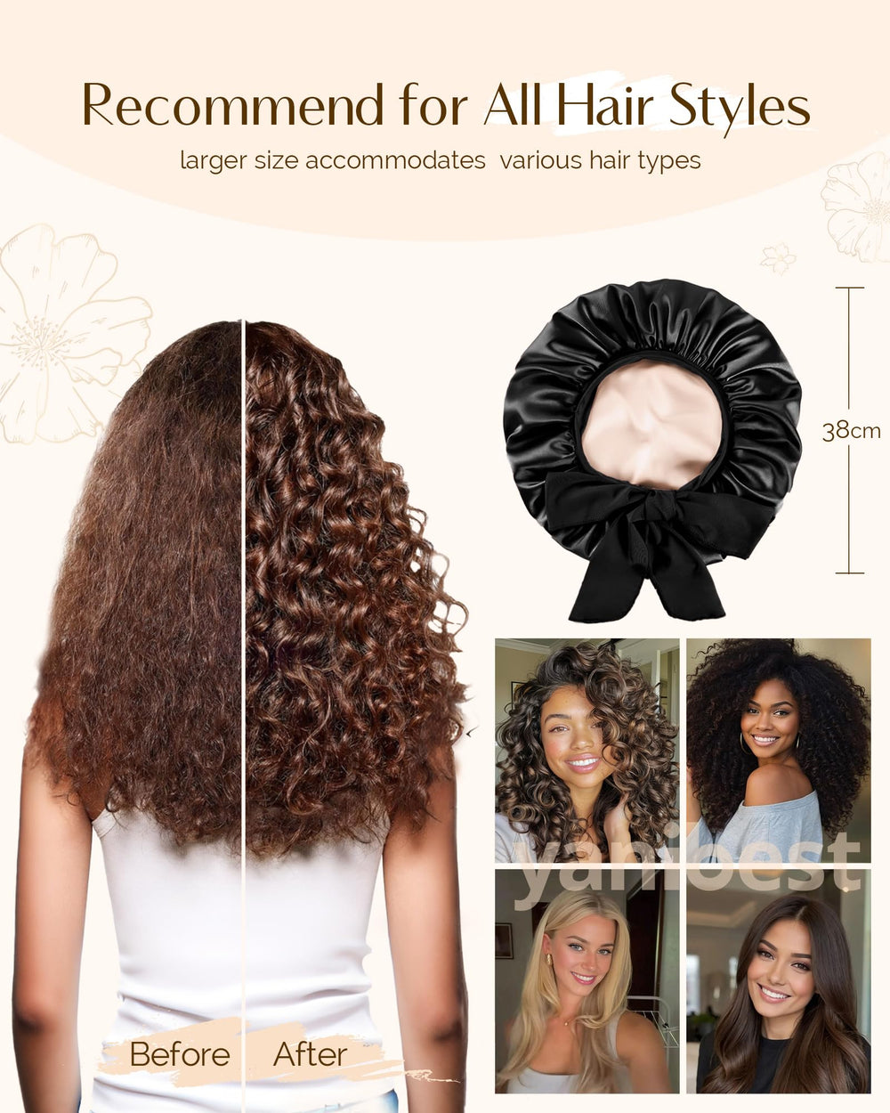 YANIBEST bonnet in use on curly hair while sleeping to prevent frizz