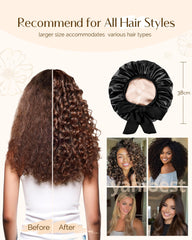 YANIBEST bonnet in use on curly hair while sleeping to prevent frizz