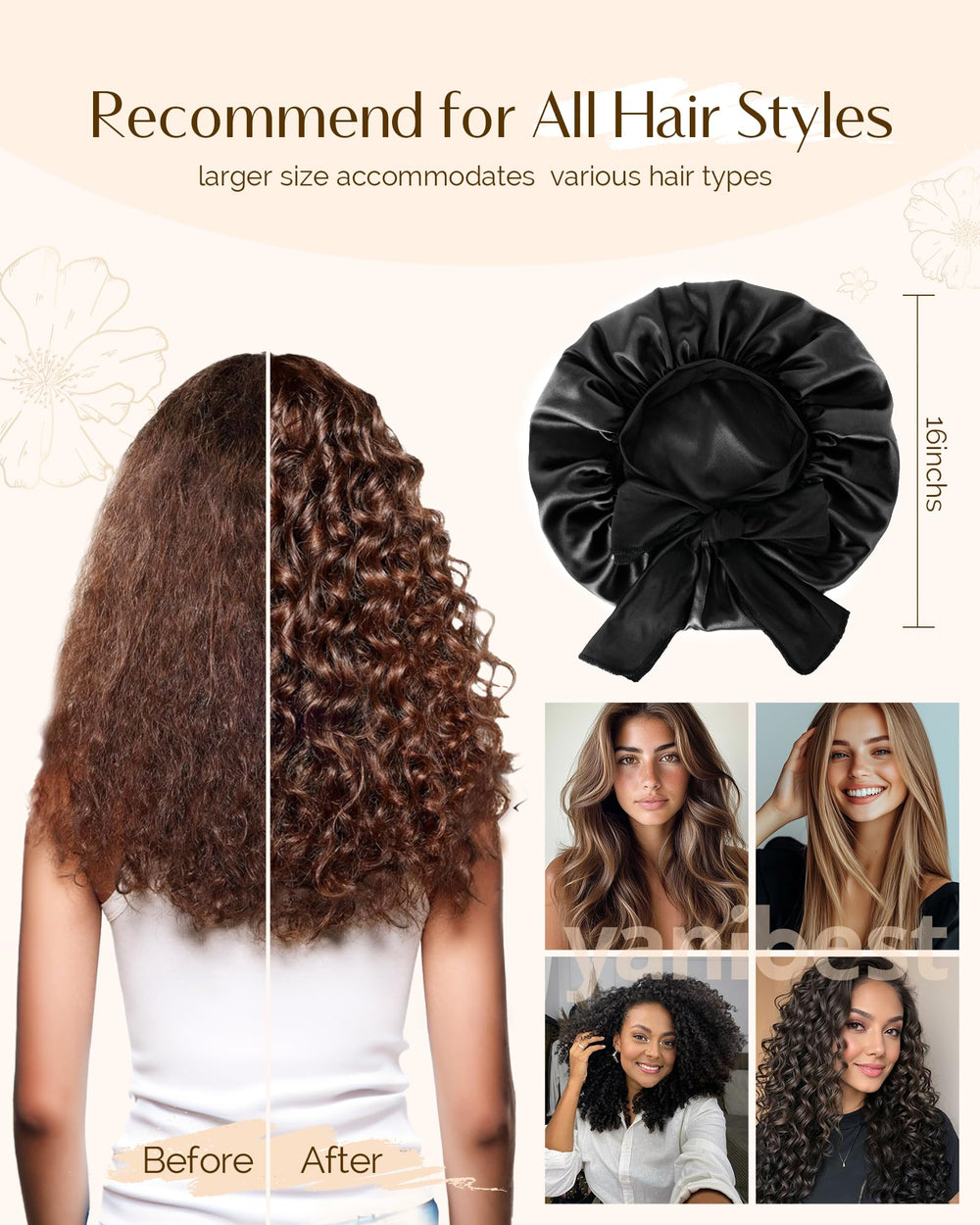 YANIBEST woman wearing bonnet preserving curls and reducing morning frizz
