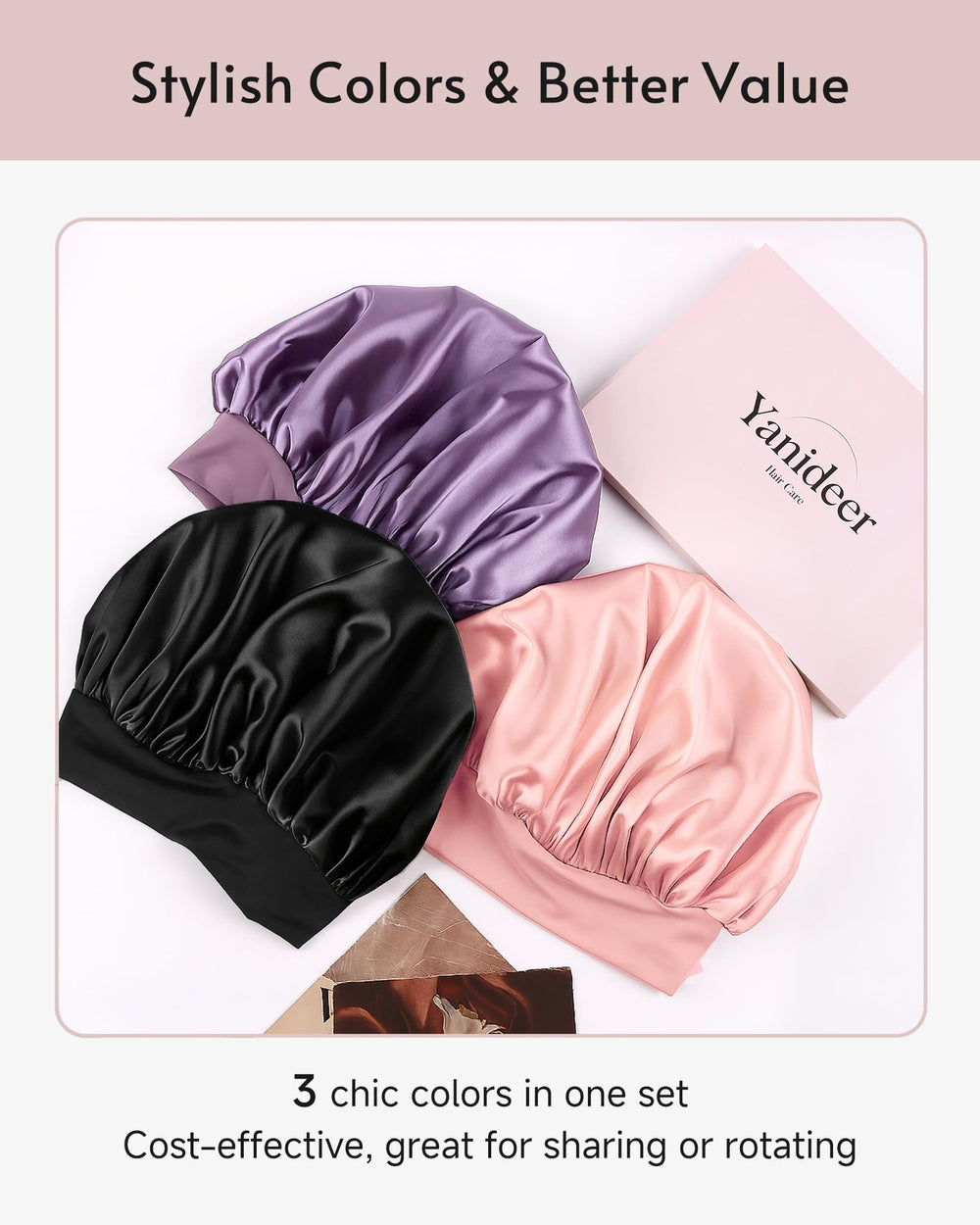 Yanideer satin bonnet lifestyle bedroom setting conveying restful, protected hair