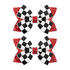 YanJie front view of two checkered bows showing racing style and sparkle benefit