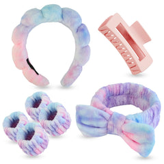 Yaqulen front packaging tie-dye spa set showing contents and colorful design benefit convenience