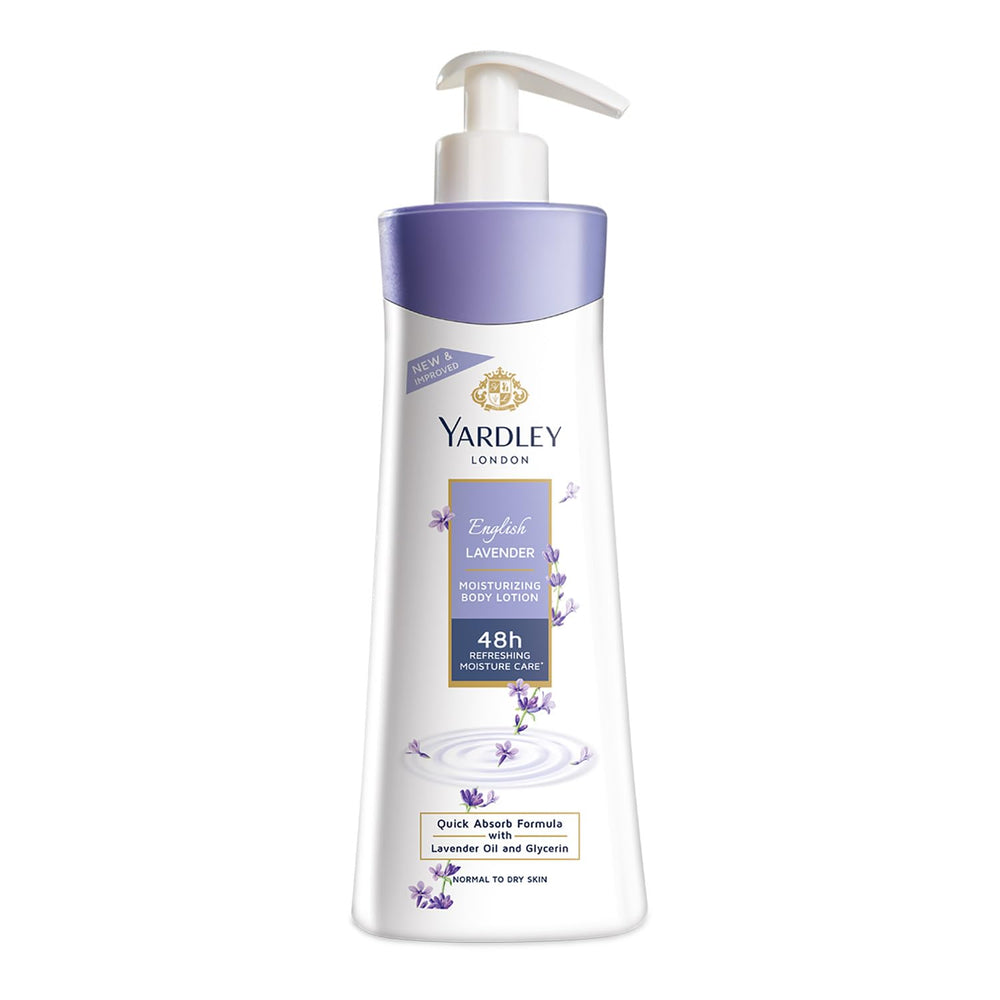Yardley front bottle showing classic lavender fragrance and easy use