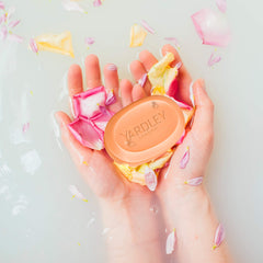 Yardley English Rose bars staged in a bathroom setting suggesting daily luxury use