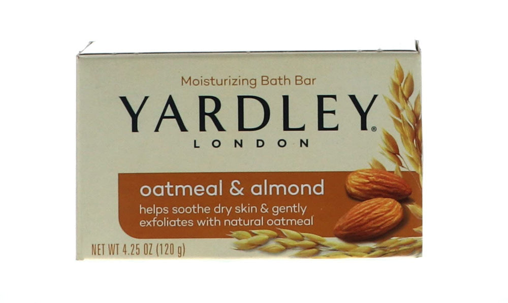 HARMONY Yardley front packaging showing four moisturizing bars and almond scent benefit