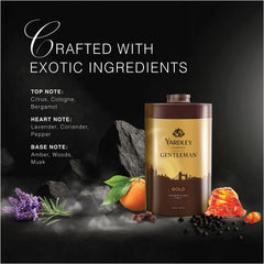 Hand applying Yardley London gold talc to palm demonstrating quick absorption
