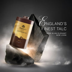 Close-up of Yardley London gold talc texture highlighting silky smooth finish