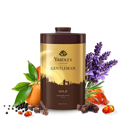Yardley London gold tin front view showing elegant packaging and brand