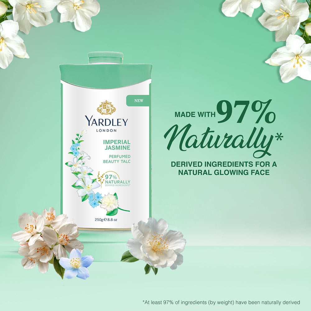 Applying Yardley jasmine talc to arm demonstrating smooth feel