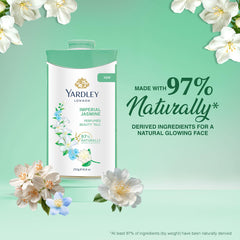 Applying Yardley jasmine talc to arm demonstrating smooth feel