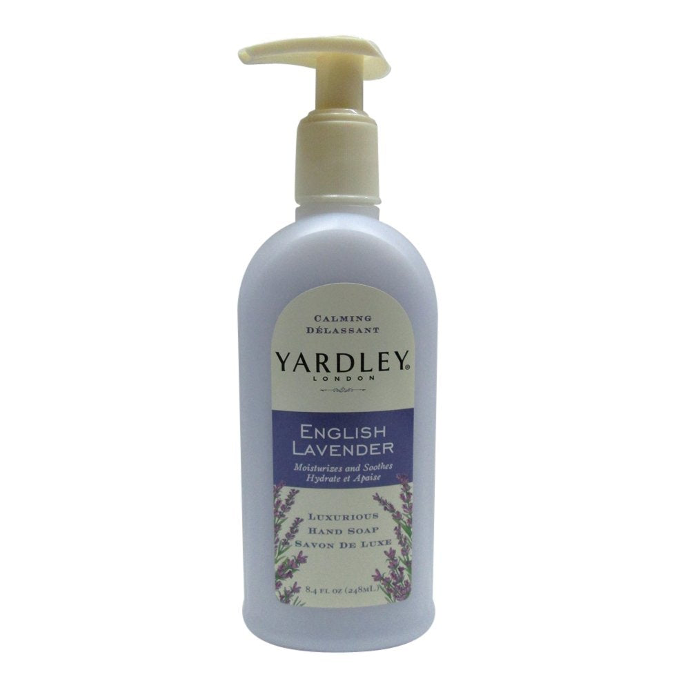 Yardley London front packaging 8.4 oz pump bottle showing label and lavender scent benefit