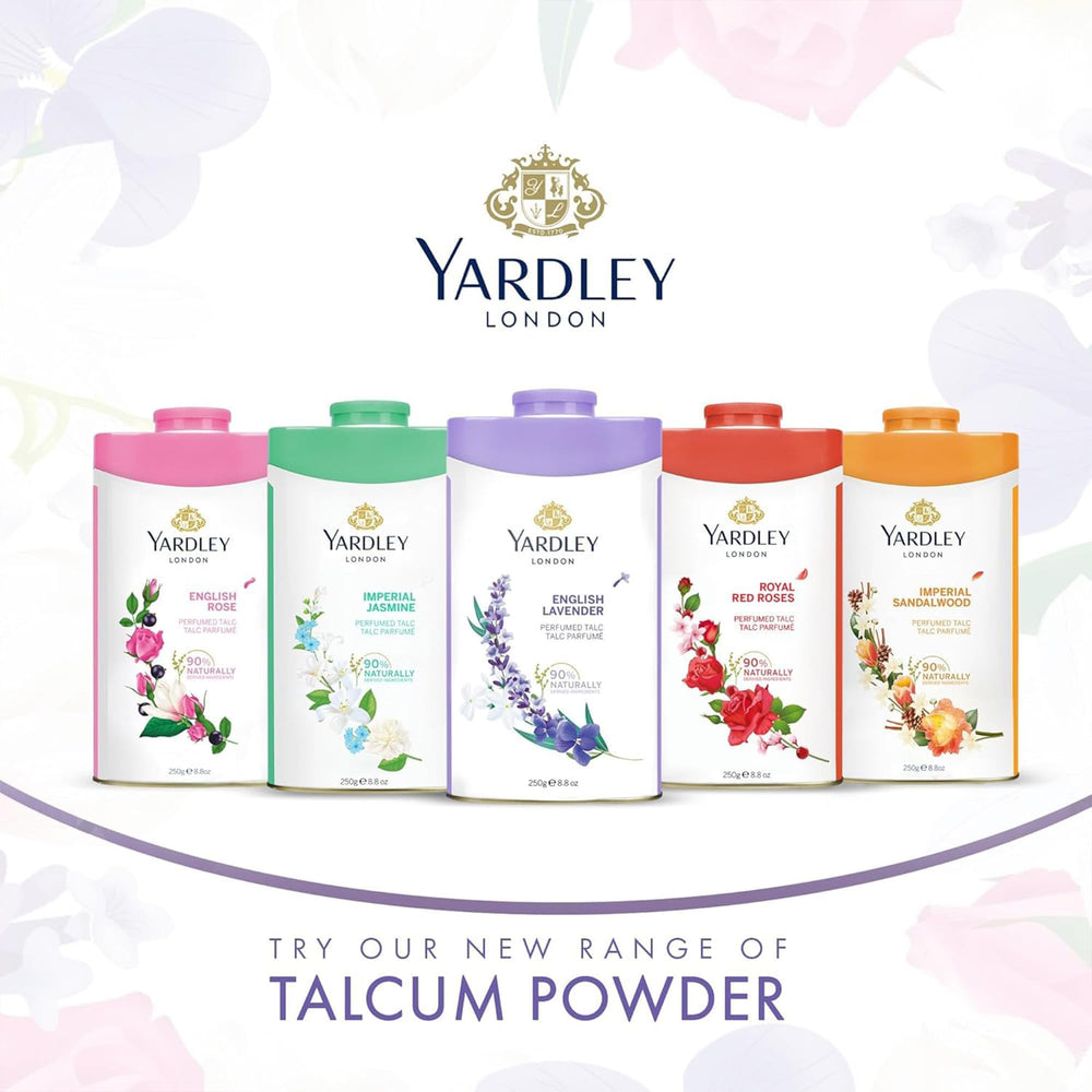 Powder puff with Yardley talc demonstrating precise application and low waste benefit
