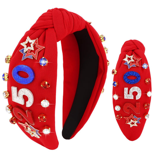 YARIEW front view of headband showing patriotic design and 250 emblem for festive appeal
