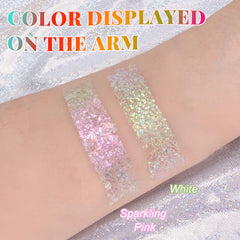YBUETE glitter swipe on cheekbone demonstrating luminous highlight benefit