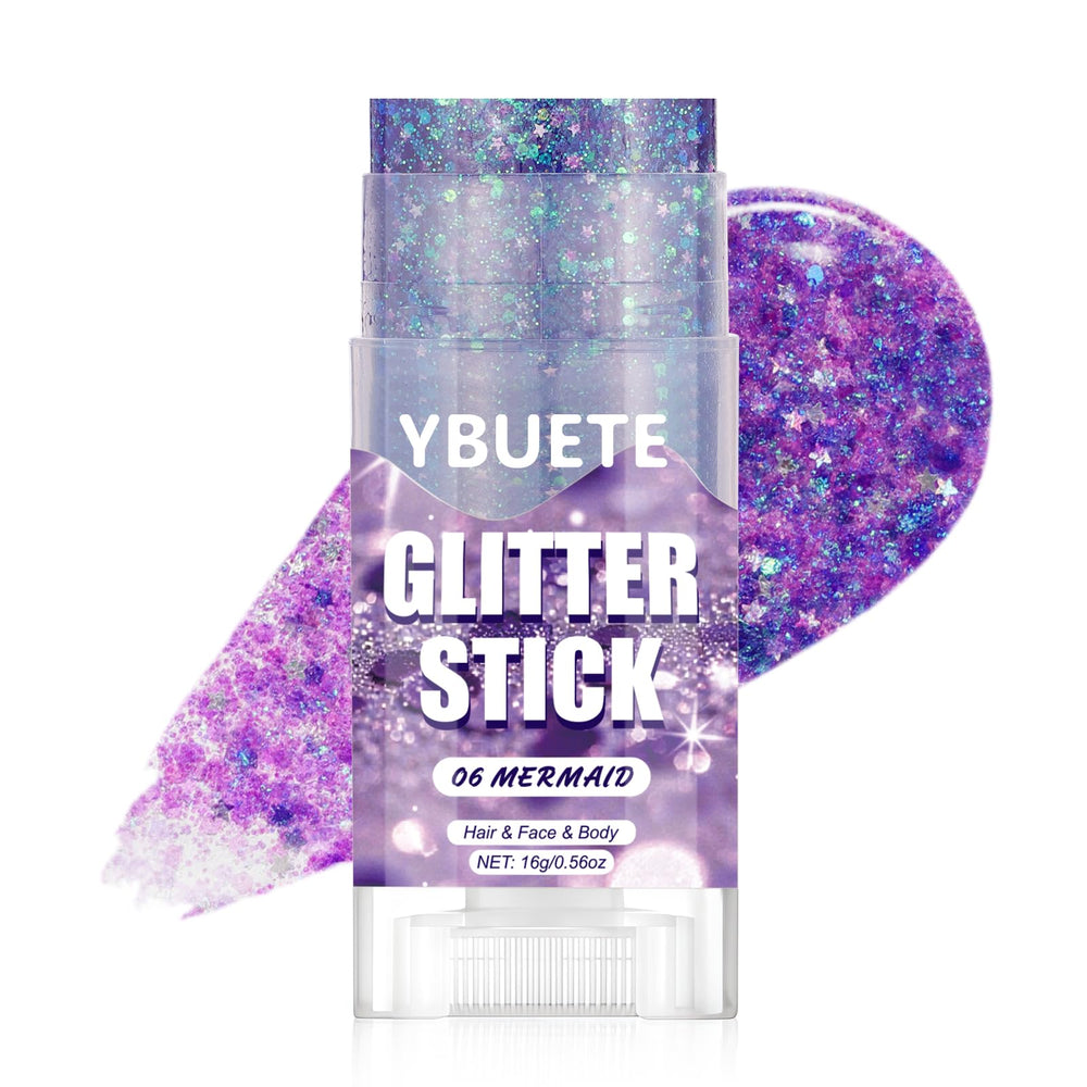 YBUETE front packaging glitter stick showing sleek twist-up design and portability