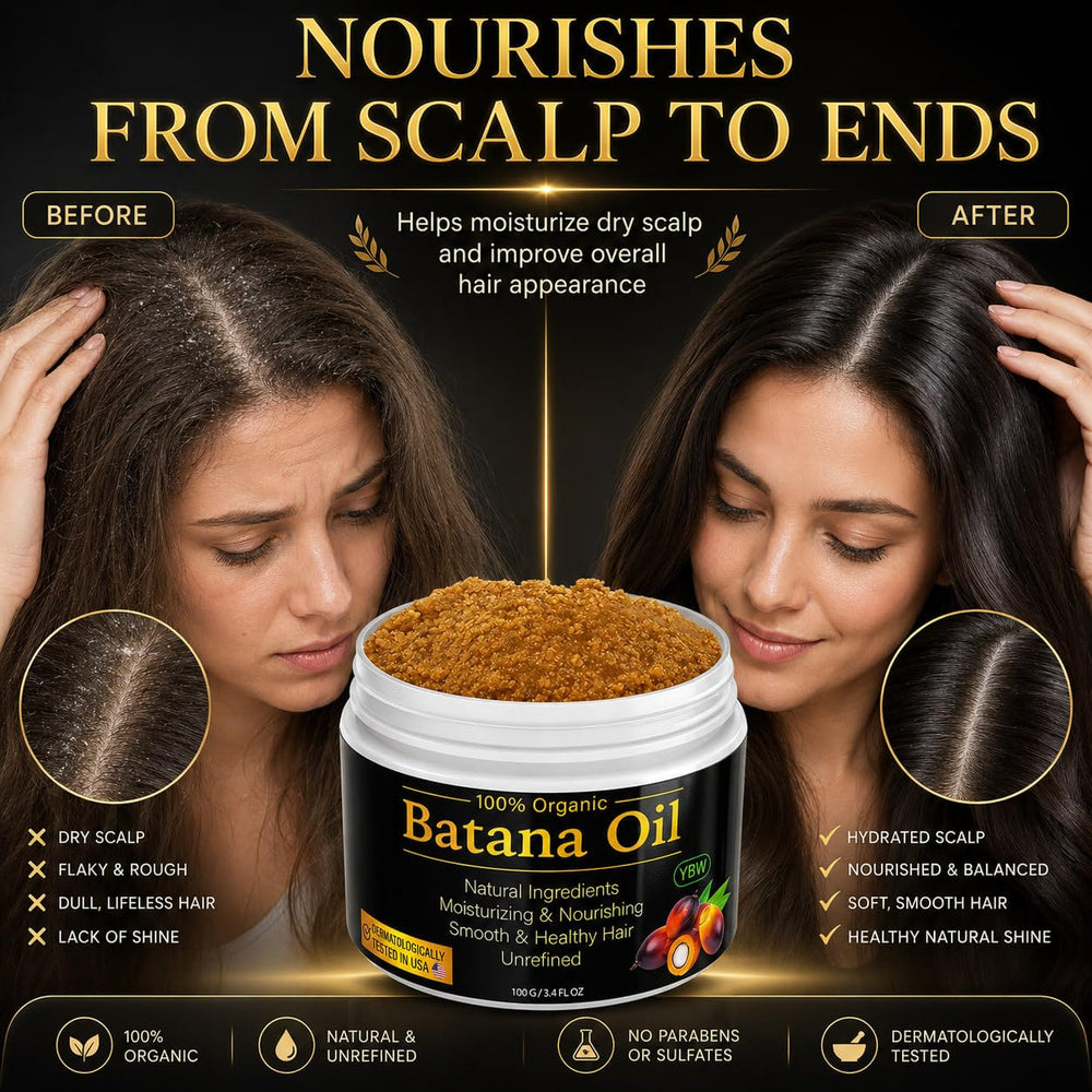 YBW batana paste next to common items for size comparison and travel-friendly benefit