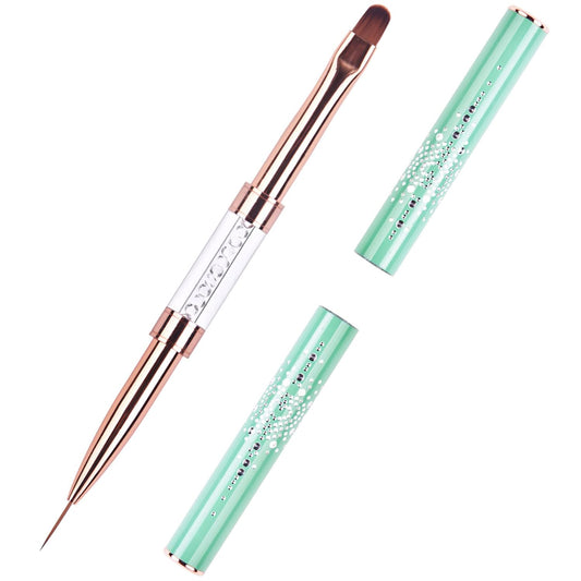 Ycyan front view of dual-ended brush showing both ends and handle, for versatile nail work