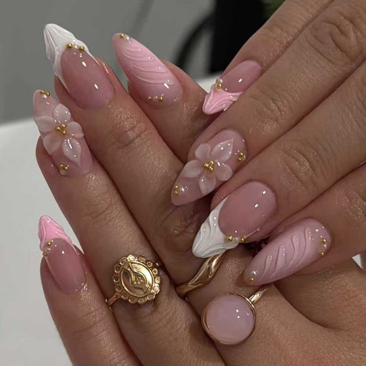 yefiuo front packaging showing 24-piece almond press-on nails and kit benefits