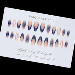 yefiuo nails worn on model hand showing how the blue French enhances outfits