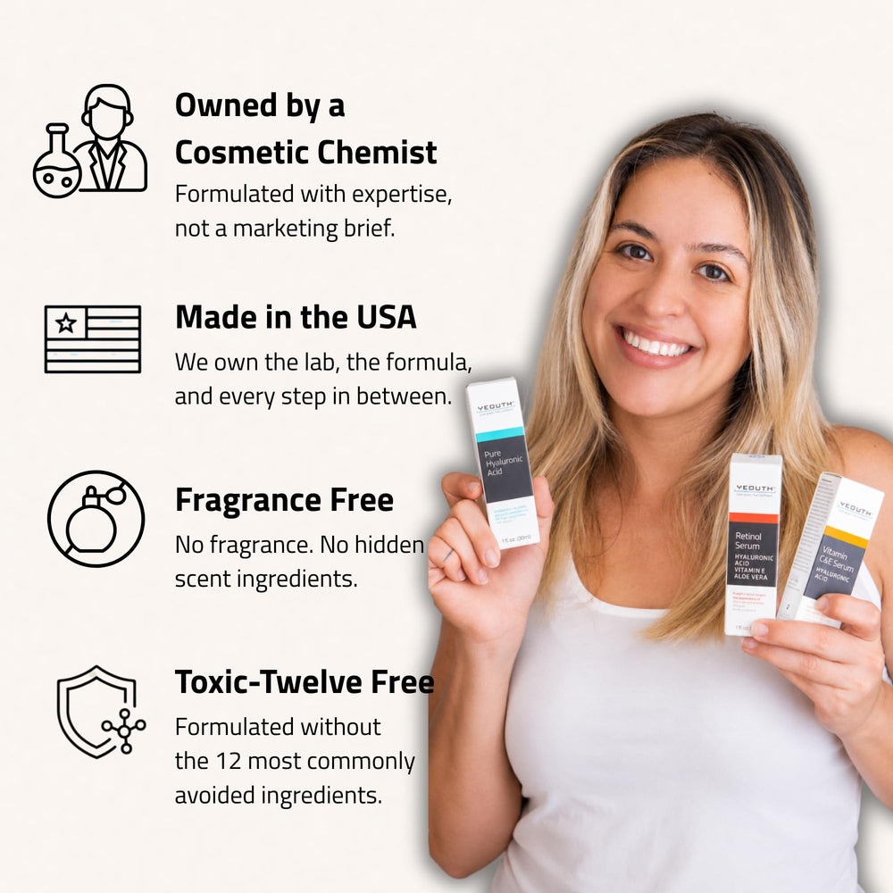 YEOUTH three serum bottles side-by-side showing ingredient labels