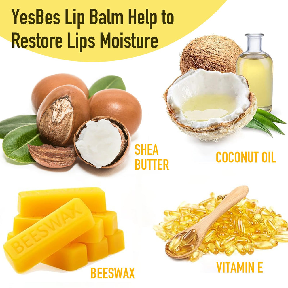 YesBes flavor array top-down view showing eight distinct lip balm flavors