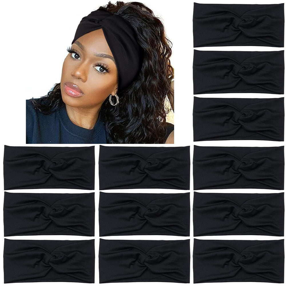 Yeshan front view of 12 black headbands showing pack and design benefit comfort