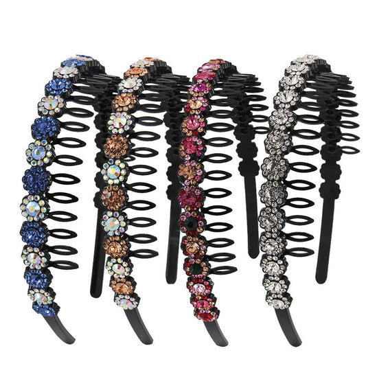 Yeshan front view of four headbands shows colors and sparkle, easy styling benefit