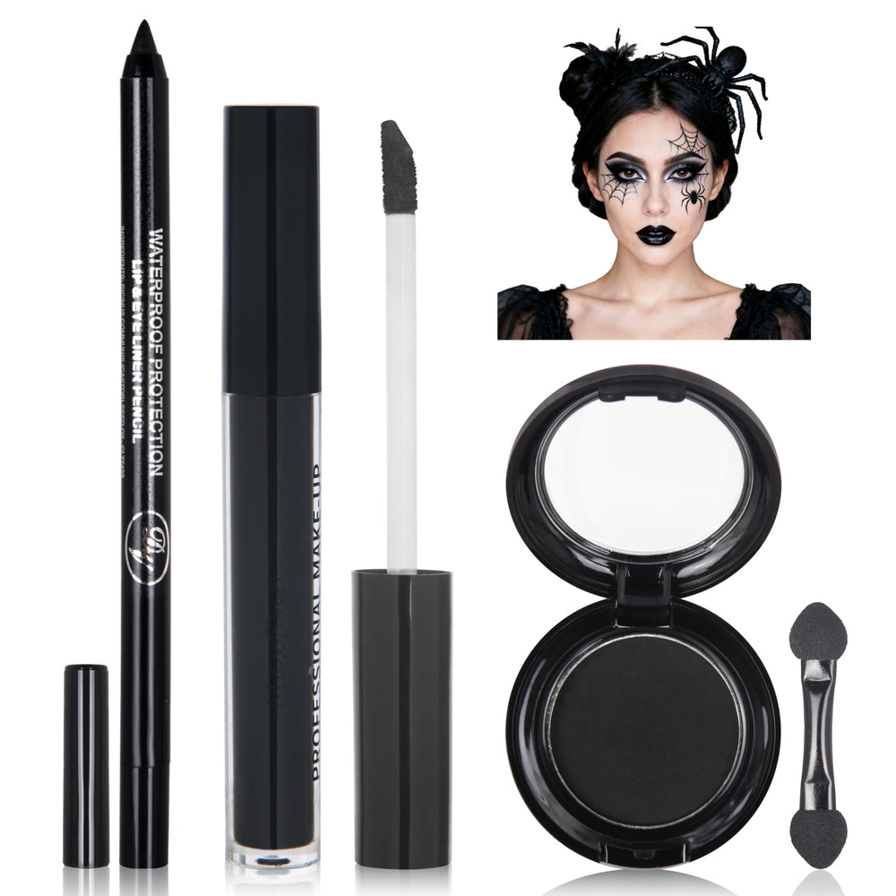 Yeweian front packaging of black makeup kit showing all four components and cohesive design benefits long wear