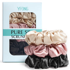 YFONG front packaging box showing three silk scrunchies and gift-ready presentation benefits