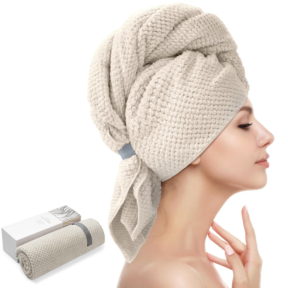 YFONG front view of camel hair towel wrap showing full turban and color benefit: quick absorption