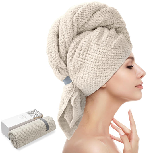 YFONG front view of camel hair towel wrap showing full turban and color benefit: quick absorption