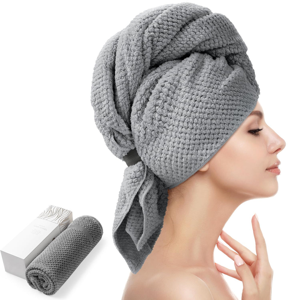 YFONG front view of dark gray towel wrap showing full size and shape for fast drying