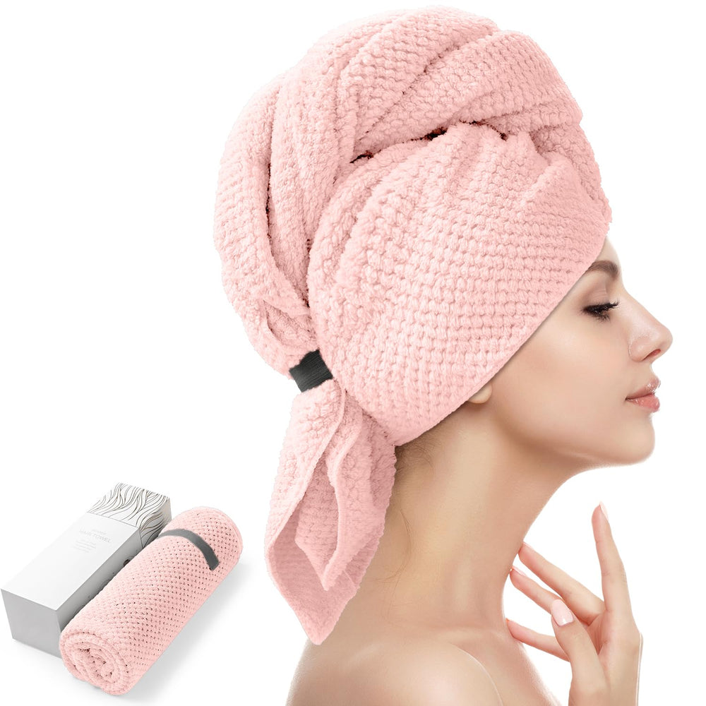 YFONG front view showing pink oversized towel wrap and compact packaging benefit