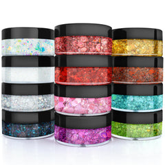 YGQQOY front packaging showing colorful glitter pots and branding advantage