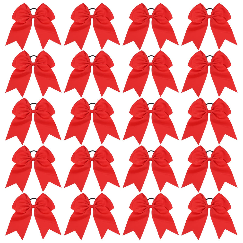 YHXX YLEN front view of 20 red cheer bows showing quantity and uniform look