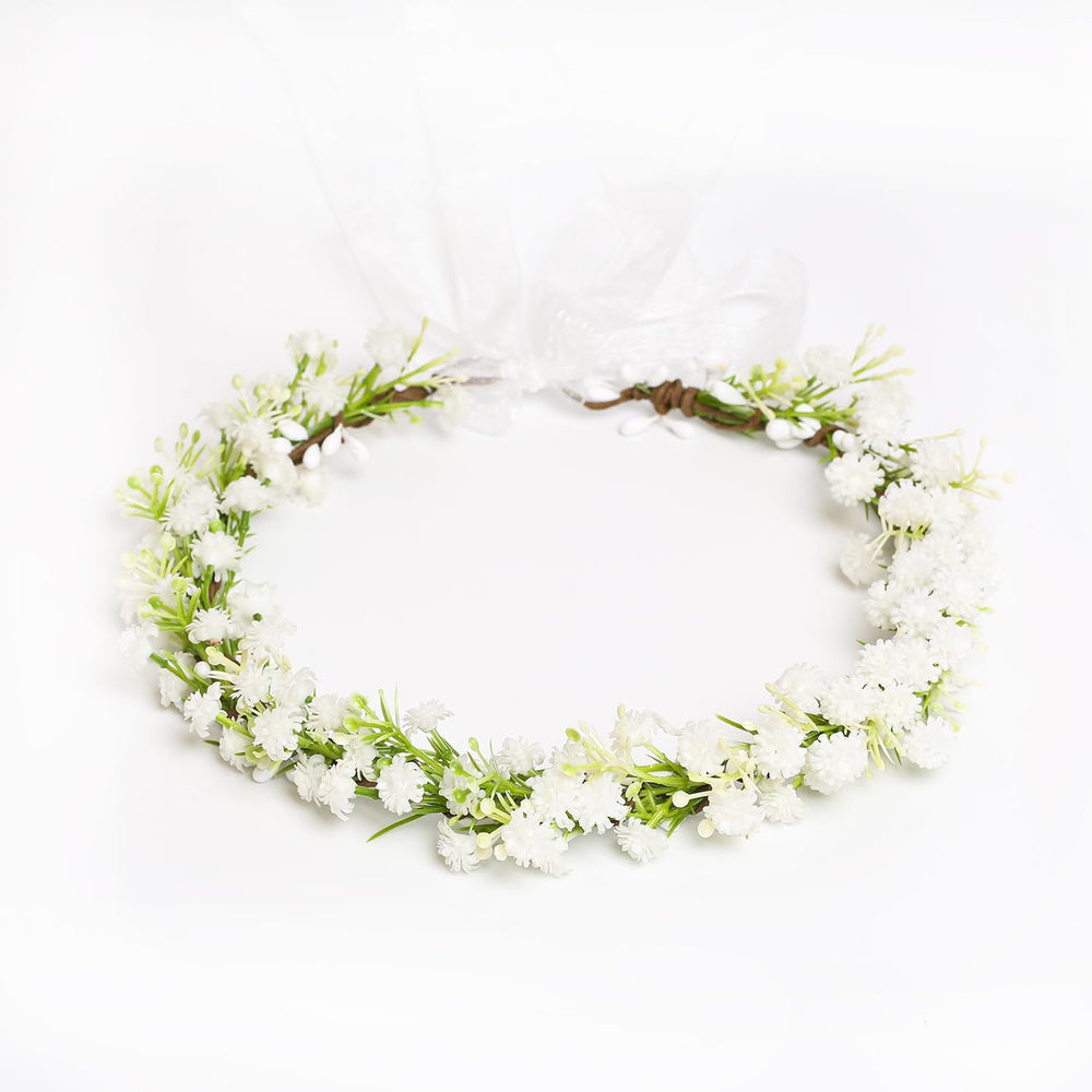 Yili Maizi front view of white flower crown showing full design and elegant silhouette