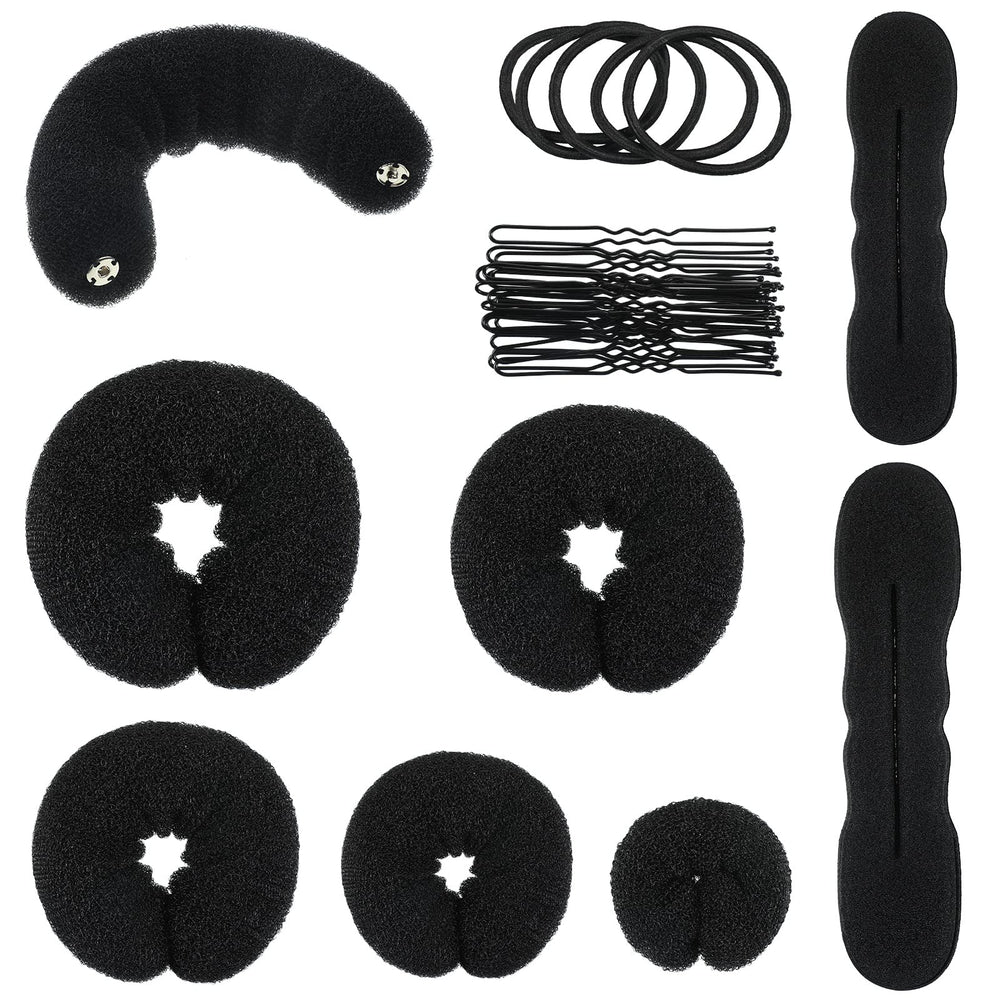 Yinder front packaging showing full 34-piece bun maker kit and components for quick styling