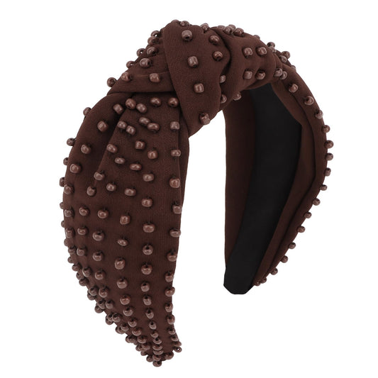 YISSION front view coffee beaded headband shows elegant finish and secure fit