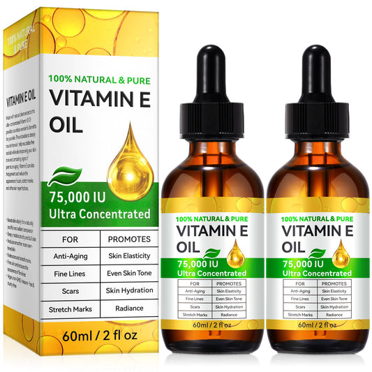 YJDHRPBI front view of two vitamin E oil bottles showing packaging and purity benefit