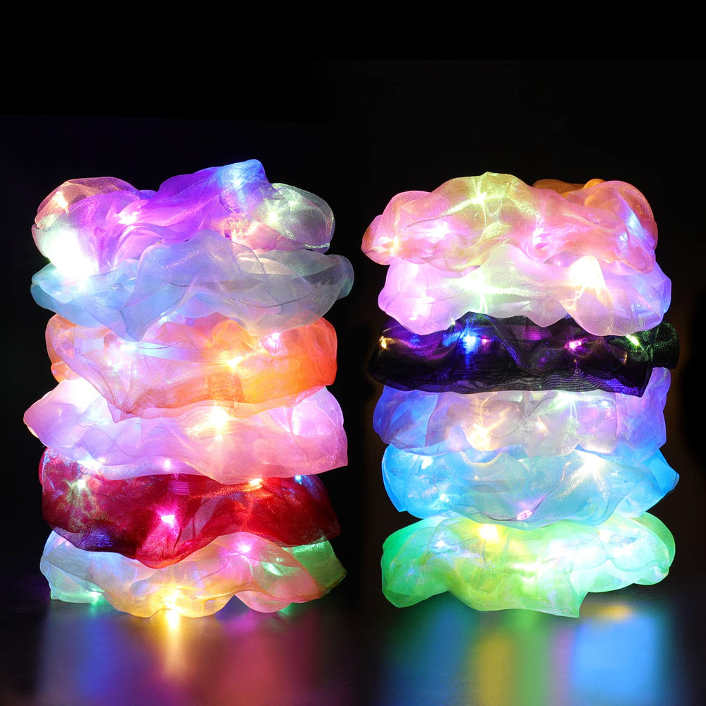 YL Mainland front display of 12 colorful LED scrunchies, bright party styling