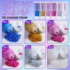 YMFGPFYL top view of open jars displaying holographic glitter gel