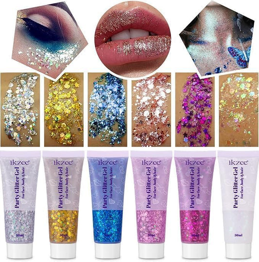 YMFGPFYL front packaging showing six glitter gel jars and labels