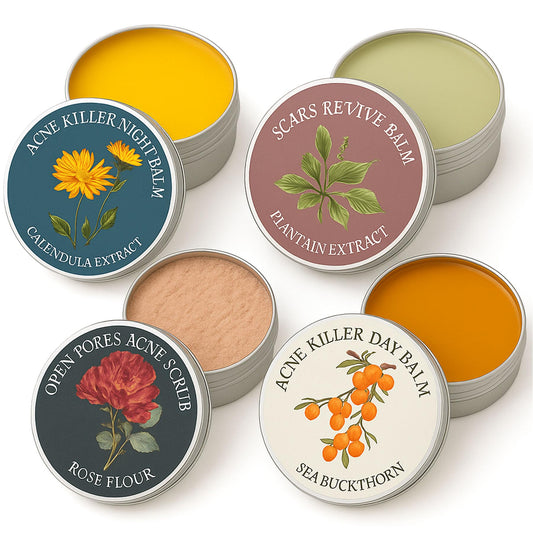 YOCMIPS front packaging showing the four-piece acne balm set for gentle care