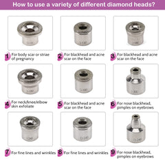 Yofuly nine diamond tips arranged to show variety for different skin areas