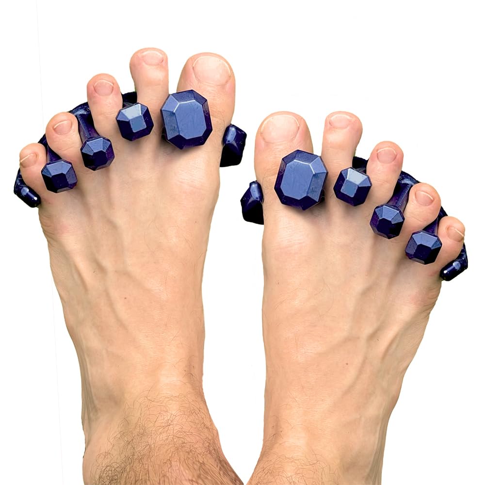 YogaToes Gems for Men front view showing metallic blue gel and fit benefit