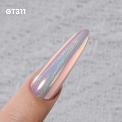 YOKE FELLOW finished manicure in salon lighting showcasing holographic glow benefit