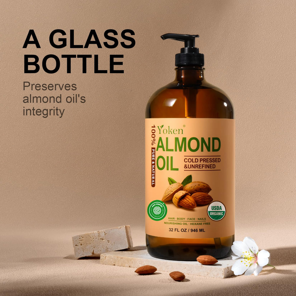 Yoken almond oil beside common items showing 32 oz size for value